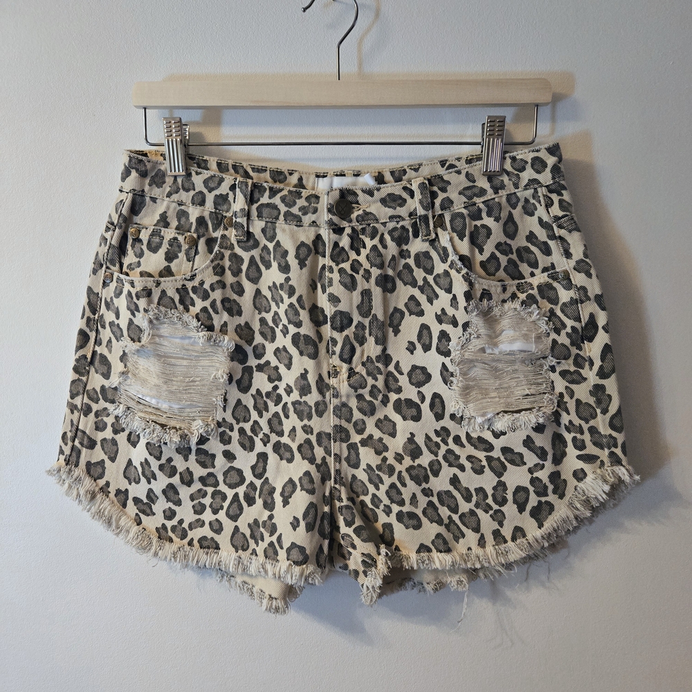 MINKPINK Leopard Print Frayed Jean Shorts